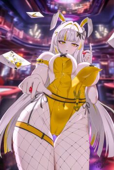 Rule 34 | 1girl, alternate breast size, animal ears, artist name, black survival, blurry, blurry background, blush, bow, breasts, card game, casino, cleavage, commentary request, covered erect nipples, covered navel, eternal return: black survival, fake animal ears, feet out of frame, fishnet pantyhose, fishnets, groin, hair bow, hair ornament, hairclip, highres, holding poker chip, large breasts, leaning back, leotard, long hair, looking at viewer, minami rio, minami rio (winning shot), multicolored hair, official alternate costume, open mouth, pantyhose, playboy bunny, poker chip, rabbit ears, solo, standing, streaked hair, thighs, user mwxd2354, white hair, yellow eyes, yellow leotard