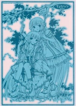 2girls android blue_theme chii chobits clamp clamp_(circle) dress freya_(chobits) frilled_dress frills hair_tubes lolita_fashion long_hair low-tied_sidelocks monochrome multiple_girls official_art platform_footwear robot_ears sidelocks sweet_lolita traditional_media very_long_hair