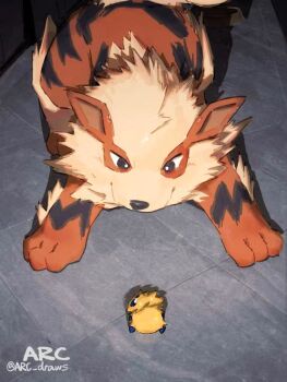 animal_focus arc_draws arcanine blue_eyes bug closed_mouth commentary english_commentary gen_1_pokemon gen_5_pokemon highres joltik nintendo no_humans orange_fur pokemon pokemon_(creature) pokemon_focus size_difference smile yellow_fur