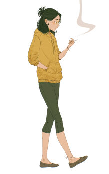 1girl alt_text brown_shoes capri_pants cigarette closed_mouth commentary english_commentary expressionless from_side full_body glasses green_hair grey_pants half_updo hand_in_pocket highres holding holding_cigarette hood hoodie medium_hair original pants round_eyewear self-portrait shoes simple_background smoke smoking solo spindle_(aidenr0) three-quarter_sleeves walking white_background yellow_hoodie