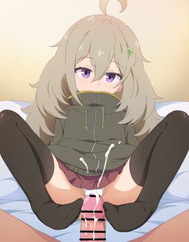 1boy 1girl ahoge bar_censor black_thighhighs censored clothed_female_nude_male cum curly_hair footjob green_jacket hair_between_eyes hetero hibi_wa_sugiredo_meshi_umashi higa_tsutsuji highres jacket laika_(s4005146) loli long_hair looking_at_viewer nude panties penis pleated_skirt purple_eyes red_skirt skirt spread_legs tassel thighhighs two-footed_footjob underwear white_panties