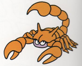 Rule 34 | claws, colored skin, creature, creature focus, dragon quest, horns, looking up, no humans, official art, purple skin, scan, scorpion, scorpion (dragon quest), stinger, third-party source, toriyama akira, white background, yellow horns