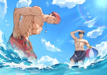 Rule 34 | 2boys, abs, absurdres, arm up, ball, beach, bird, blue sky, cloud, collarbone, dog tags, fushiguro megumi, highres, holding, holding ball, itadori yuji, jujutsu kaisen, looking at viewer, male focus, multiple boys, multiple scars, navel, neskuna, nipples, outdoors, pectorals, pink hair, red shorts, scar, scar on arm, scar on stomach, short hair, shorts, sky, standing, teeth, topless male, water, wet