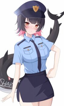 1girl :| absurdres alternate_costume black_hair blue_hat blue_shirt blue_skirt blush breasts brown_eyes closed_mouth collared_shirt colored_inner_hair ellen_joe fins fish_tail hat highres lilack_gg medium_breasts miniskirt multicolored_hair necktie pencil_skirt pink_hair pocket police police_badge police_uniform shark_tail shirt short_hair simple_background skirt solo striped_blush tail white_background zenless_zone_zero