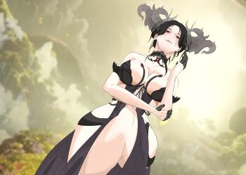 1girl absurdres black_dress black_hair breasts choker chosi cleavage cloud cloudy_sky commentary_request demon_girl dress echidna_(lost_ark) from_below hand_on_own_arm highres horns korean_commentary looking_at_viewer lost_ark mountainous_horizon red_eyes sky tagme thighs