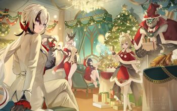 1other 4girls absurdres alternate_costume arlecchino_(genshin_impact) black_gloves black_hair blue_eyes box breasts brown_hair christmas christmas_tree cleavage closed_eyes closed_mouth columbina_(genshin_impact) commentary crossed_legs dress elbow_gloves english_commentary formal_clothes genshin_impact gift gift_box gloves grey_hair hair_between_eyes hat highres holding holding_gift indoors long_hair long_sleeves looking_at_viewer multicolored_hair multiple_girls open_mouth pantyhose pi_tayuko pulonia_(genshin_impact) sandrone_(genshin_impact) santa_hat signora_(genshin_impact) sitting smile standing suit symbol-shaped_pupils white_pantyhose white_suit x-shaped_pupils