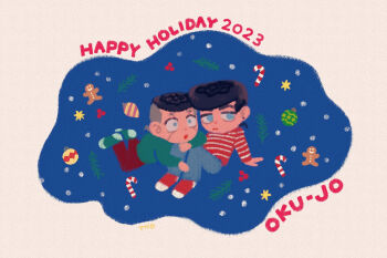 2023 2boys :o aqua_eyes black_hair blue_eyes candy candy_cane chibi chibi_only christmas christmas_ornaments diamond_wa_kudakenai english_text facial_mark film_grain food gingerbread_man grey_hair higashikata_josuke highres jojo_no_kimyou_na_bouken lying_on_person male_focus merry_christmas multicolored_hair multiple_boys nijimura_okuyasu pompadour red_sweater ship_name sitting striped_clothes striped_sweater sweater t_0nd two-tone_hair yaoi