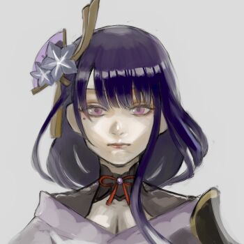 Rule 34 | 1girl, absurdres, armor, blunt bangs, breasts, bridal gauntlets, cleavage, closed mouth, commentary request, expressionless, fan hair ornament, flower ornament, genshin impact, grey background, hair ornament, highres, japanese clothes, kimono, long hair, looking at viewer, mole, mole under eye, multicolored hair, neck ribbon, off shoulder, purple eyes, purple hair, purple kimono, raiden shogun, red lips, red ribbon, ribbon, shoulder armor, simple background, solo, streaked hair, tomomo (user kjad2253), upper body