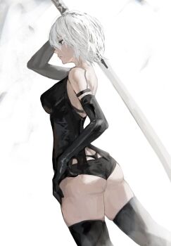 1girl a2_(nier:automata) arm_up ass bare_shoulders black_gloves black_panties black_shirt black_shorts black_thighhighs blue_eyes breasts closed_mouth commentary elbow_gloves english_commentary engrish_commentary from_side gloves hand_on_own_hip highleg highleg_panties highres holding holding_sword holding_weapon medium_breasts micro_shorts nier:automata nier_(series) panties profile raberu_ruru shirt short_hair shorts sleeveless sleeveless_shirt solo standing sword thighhighs thong underwear weapon whale_tail_(clothing) white_background white_hair
