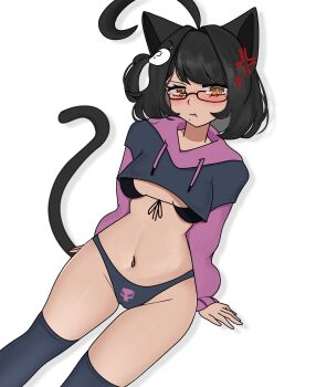 ahoge angry animal_ears birthmark black_bra black_cat black_hair bra cat cat_ears cat_girl cat_tail cropped_sweater dark_skin glasses highres huge_ahoge indie_virtual_youtuber nek0roe nek0roe_(artist) paggi_outfit panties sweater tail thighhighs underwear