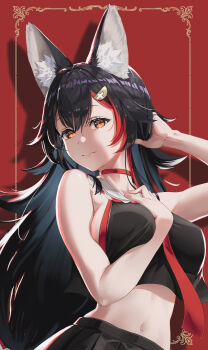 1girl absurdres animal_ear_fluff animal_ears arm_up black_hair black_serafuku black_shirt black_skirt choker commentary_request cropped_shirt double-parted_bangs flipped_hair gotointhepark hair_ornament hairclip hand_up highres hololive long_hair looking_at_viewer midriff necktie ookami_mio ookami_mio_(1st_costume) pleated_skirt red_choker red_necktie red_streaks sailor_collar school_uniform serafuku shirt sidelocks single_hair_streak skirt sleeveless sleeveless_shirt solo spiked_hair upper_body very_long_hair virtual_youtuber white_sailor_collar wolf_ears wolf_girl yellow_eyes