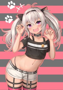 animal_ears black_collar black_panties black_shirt blush breasts cat_ears claw_pose collar fangs grey_hair highleg highleg_panties highres long_hair looking_at_viewer matsukai_mao matsukai_mao_(1st_costume) navel nijisanji open_mouth panties purple_eyes red_thighhighs shirt shorts small_breasts spiked_collar spikes thigh_strap thighhighs toriniku_(selene1050) twintails underwear virtual_youtuber white_shorts
