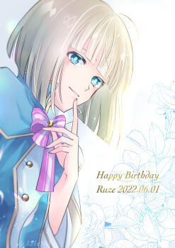 1boy androgynous blonde_hair blue_eyes blue_shirt bowl_cut buttons character_name commentary_request dame_x_prince dated finger_to_mouth happy_birthday highres index_finger_raised long_sleeves looking_at_viewer male_focus parted_lips peko_(pepan) ribbon ruze_selen_el_phiriazar shirt short_hair solo striped_ribbon upper_body white_background