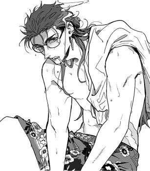 1boy cigarette cu_chulainn_(caster)_(fate) cu_chulainn_(fate) cu_chulainn_(tropical_rune_summer)_(fate) earrings fate/grand_order fate_(series) greyscale jewelry long_hair looking_at_viewer male_focus male_swimwear maripaka monochrome mouth_hold scar scar_on_stomach simple_background smoking solo sunglasses swim_trunks toned toned_male topless_male wet white_background