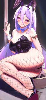 1girl absurdres animal_ear_hairband animal_ears arm_tattoo ass bare_shoulders black_leotard blue_bow blue_bowtie blush borrowed_character bow bowtie breasts cleavage come_hither commentary_request detached_collar fake_animal_ears fishnet_pantyhose fishnets gradient_hair hairband high_heels highleg highleg_leotard highres large_breasts leotard long_hair looking_at_viewer multicolored_hair naikon original pantyhose playboy_bunny pole purple_eyes purple_hair purple_leotard purple_nails purple_shoes rabbit_ears shoes sitting smile solo stiletto_heels strapless strapless_leotard stripper_pole tattoo thighs thong_leotard usami_shoko very_long_hair wrist_cuffs yokozuwari