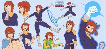 1girl bodysuit hope_griffin_(browntable) maudrawz open_mouth red_eyes red_hair smile solo torn_clothes