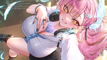 1girl aemeath_(wuthering_waves) alternate_breast_size_(larger) alternate_costume black_nails black_shoes black_skirt blush braid braided_bangs breasts cleavage collarbone commentary_request commission cosplay crossed_legs earrings fingernails from_above grin hair_ornament headphones headphones_around_neck highres huge_breasts jewelry long_fingernails long_hair looking_at_viewer lynae_(wuthering_waves) lynae_(wuthering_waves)_(cosplay) nail_polish orange_eyes partial_commentary pink_hair shoes sitting skeb_commission skirt smile solo star-shaped_pupils star_(symbol) star_earrings symbol-shaped_pupils tacet_mark_(wuthering_waves) wuthering_waves yayoi_maka