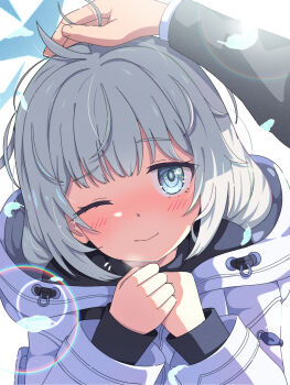 1boy 1girl ahoge blue_archive blue_eyes blue_halo blush closed_mouth commentary_request falling_feathers feathers grey_hair halo headpat highres hood hooded_jacket jacket lens_flare long_sleeves looking_at_viewer maia_(blue_archive) mikoshi_(user_wvyd4348) one_eye_closed own_hands_together pov pov_hands sensei_(blue_archive) simple_background smile white_background white_jacket