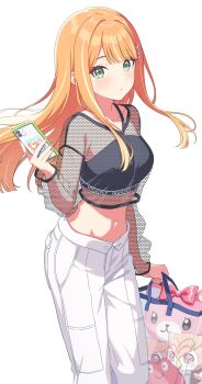 1girl bag black_shirt blonde_hair blush cellphone closed_mouth collarbone commentary_request crop_top cropped_shirt fishnet_top fishnets gakuen_idolmaster green_eyes highres holding holding_bag holding_phone idolmaster kitano_yukito long_hair looking_at_viewer midriff navel pants phone shirt shiun_sumika simple_background smartphone solo white_background white_pants