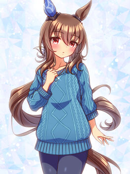 1girl admire_vega_(casual)_(umamusume) admire_vega_(umamusume) animal_ears blue_pants blue_sweater blush breasts brown_hair casual collarbone commentary_request ear_covers hair_between_eyes highres horse_ears horse_girl horse_tail jewelry long_hair long_sleeves looking_at_viewer necklace pants parted_lips ponytail red_eyes single_ear_cover solo sugimotty_nova sweater tail umamusume