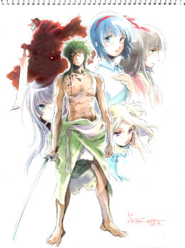 Rule 34 | 2boys, 4girls, absurdres, barefoot, black hair, blonde hair, blood, blood on chest, blood on face, blue eyes, blue hair, blunt bangs, cloak, closed mouth, collared shirt, commentary request, cross scar, dated, green eyes, green hair, hair ribbon, hairband, hand on hilt, hand on own cheek, hand on own chest, hand on own face, hand up, highres, holding, holding sword, holding weapon, japanese clothes, katana, kimono, kuromukuro, loincloth, long hair, looking at viewer, mask, muetta, multiple boys, multiple girls, nipples, ouma kennosuke tokisada, pink eyes, pink kimono, red cloak, red eyes, red hairband, red ribbon, ribbon, scar, scar on stomach, shirahane yukina, shirt, short hair, signature, skull mask, smile, sophie noel, standing, studio carmine, sword, topless male, traditional media, weapon, white background, white shirt, yukihime (kuromukuro), zeringer mundef bischlei