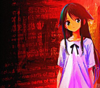 1girl arms_at_sides black_hair commentary dress english_commentary english_text expressionless green_eyes hair_flaps highres kristianmaksak5 long_hair looking_at_viewer saya_(saya_no_uta) saya_no_uta short_sleeves solo text_background watermark white_dress