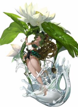 1girl animal_ears armlet ass bandeau bare_legs bare_shoulders barefoot blue_eyes cat_ears choehye16159872 curly_hair flower from_behind full_body green_hair highres holding jewelry leaf liquid long_hair looking_at_viewer looking_back lotus mini_person minigirl open_mouth original oversized_object simple_background skirt solo splashing swimsuit teeth upper_teeth_only water water_drop white_background white_flower