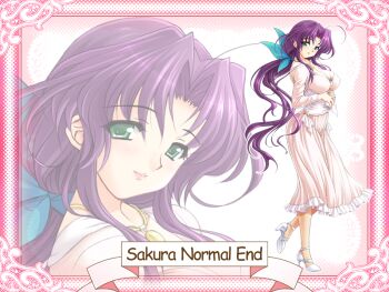 1girl ahoge aoi_sakura_(tsuma_shibori) breasts dress game_cg game_over good_end green_eyes hair_ribbon high_heels kuroda_akimi large_breasts long_hair non-web_source official_art parted_bangs purple_hair ribbon tsuma_shibori tsumamigui_(series)