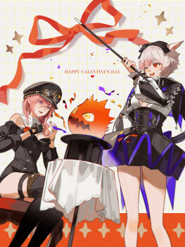 2girls absurdres black_bow black_gloves black_nails bomb_(final_fantasy) bow breasts cleavage commentary_request dress fangs final_fantasy final_fantasy_xiv fingerless_gloves gloves goggles goggles_on_headwear hair_bow happy_valentine hat heterochromia highres holding holding_wand miqo&#039;te mole mole_under_eye mole_under_mouth multiple_girls nail_polish peaked_cap pink_hair purple_eyes red_eyes red_ribbon ribbon single_glove tochigi_1990 top_hat wand warrior_of_light_(ff14) white_hair yellow_eyes