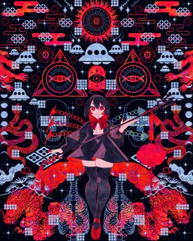 Rule 34 | 1girl, absurdres, ahoge, asymmetrical wings, black dress, black hair, black thighhighs, blue wings, boku (isizakitakasi), bow, bowtie, bright pupils, dragon, dress, egasumi, highres, houjuu nue, polearm, red bow, red bowtie, red eyes, red nails, red shoes, red wings, shippou (pattern), shoes, short hair, skull, solo, thighhighs, touhou, trident, ufo, weapon, white pupils, wide shot, wings