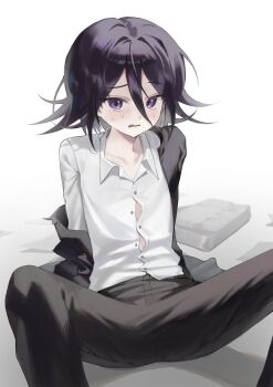 1boy absurdres arm_support bag blush buttons chama_(chacoc0) collarbone collared_shirt commentary_request danganronpa_(series) danganronpa_v3:_killing_harmony embarrassed flipped_hair gakuran hair_between_eyes highres jacket long_sleeves looking_at_viewer male_focus medium_hair off_shoulder oma_kokichi open_clothes open_jacket pants popped_button purple_eyes purple_hair school_bag school_uniform shirt short_hair simple_background sitting solo spread_legs sweat white_background