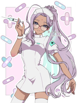 1girl bindi black-framed_eyewear character_name commentary_request dark-skinned_female dark_skin dress fate/grand_order fate_(series) floating_hair forehead glasses hat highres holding holding_syringe long_hair looking_at_viewer lunarose nurse nurse_cap ponytail puffy_short_sleeves puffy_sleeves purple_eyes purple_hair rani_r_(fate) short_sleeves solo syringe thighhighs very_long_hair white_dress white_hat white_thighhighs