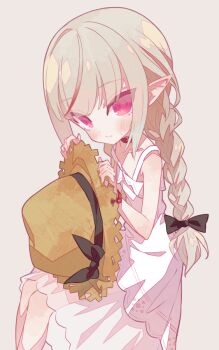 1girl bare_shoulders belt_collar black_bow black_ribbon blunt_bangs blush bow bracelet braid closed_mouth collar collarbone dress fang feet_out_of_frame from_above from_side grey_background grey_hair hair_ribbon hat hat_bow holding holding_unworn_clothes holding_unworn_hat invisible_chair jewelry katsuko lace_trim long_hair looking_at_viewer low_twin_braids makaino_ririmu makaino_ririmu_(3rd_costume) multicolored_hair nijisanji pointy_ears red_collar red_eyes red_streaks ribbon see-through_clothes see-through_skirt sidelocks simple_background sitting skin_fang skirt sleeveless sleeveless_dress solo strap_slip straw_hat streaked_hair sundress sweatdrop twin_braids two-tone_hair unworn_hat unworn_headwear upturned_eyes virtual_youtuber white_dress