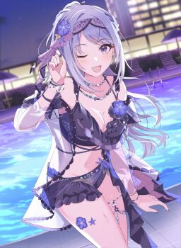 1girl bikini black_bikini blue_hair blush bracelet breasts cleavage collarbone commentary_request flower frilled_bikini frills hair_flower hair_ornament hal_ogura highres idolmaster idolmaster_shiny_colors idolmaster_shiny_colors_song_for_prism jewelry long_hair looking_at_viewer medium_breasts navel necklace night official_alternate_costume one_eye_closed open_mouth outdoors pool poolside purple_eyes sidelocks smile solo suzuki_hana swimsuit