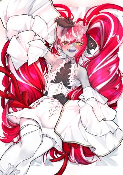 1girl absurdres ahoge animal_earrings armpits bare_shoulders bed_sheet bell_sleeves blunt_bangs blush bone bow bow_skirt braid braided_bangs bridal_veil collared_dress colored_skin cross-laced_clothes cross-laced_skirt detached_sleeves diamond-shaped_pupils diamond_(shape) dress drill_hair earrings flat_chest gloves groin hair_bow hair_ribbon halter_dress halterneck hand_on_own_head hand_on_own_stomach hands_up heterochromia highres hololive hololive_indonesia jewelry kghazir kureiji_ollie kureiji_ollie_(rebirth) layered_sleeves long_hair lying multicolored_hair official_alternate_costume official_alternate_hairstyle on_bed pale_skin patchwork_skin pink_hair red_hair ribbon short_dress sidelocks skirt skirt_set smile solo stitched_face stitched_torso stitches streaked_hair symbol-shaped_pupils thighhighs twin_drills twintails two-tone_hair veil very_long_hair virtual_youtuber wide_sleeves x-shaped_pupils zombie