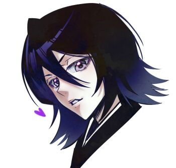 Rule 34 | 1girl, black hair, bleach, commentary request, eyelashes, hair between eyes, heart, highres, kuchiki rukia, looking at viewer, n (nauki 11), open mouth, portrait, purple eyes, short hair, solo, white background