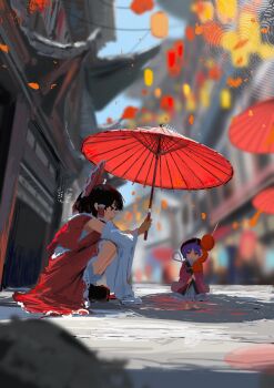 Rule 34 | 2girls, absurdres, black eyes, black hair, black shoes, bow, character name, detached sleeves, dress, food, from side, hair bow, hakurei reimu, hat, highres, holding, holding food, holding umbrella, jacket, japanese clothes, kimono, koukouya, long hair, multiple girls, pink jacket, purple hair, red bow, red eyes, red hat, red kimono, red skirt, red umbrella, shoes, skirt, socks, squatting, sukuna shinmyoumaru, touhou, umbrella, white dress, white sleeves, white socks, wide sleeves