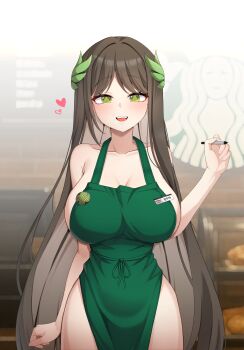 1girl absurdres alternate_costume apron bare_arms bare_shoulders black_survival breasts brown_hair collarbone cowboy_shot eternal_return:_black_survival green_apron green_eyes gweon_sua heart highres holding holding_pen kisa_(leg3043) large_breasts long_hair looking_at_viewer naked_apron open_mouth pelvic_curtain pen smile solo starbucks symbol-shaped_pupils very_long_hair