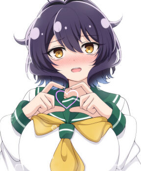 1girl blush breasts commentary green_sailor_collar hair_between_eyes hands_up heart heart_hands heart_in_heart_hands highres hiiragi_utena large_breasts looking_at_viewer mahou_shoujo_ni_akogarete namako_muri open_mouth purple_hair sailor_collar shirt short_hair simple_background solo symbol-only_commentary upper_body white_background white_shirt yellow_eyes
