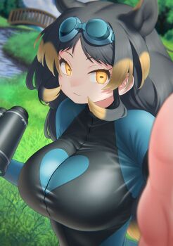 alternate_breast_size_(larger) animal_ears binoculars blonde_hair blue_jacket camera glowing glowing_eyes goggles goggles_on_head grey_hair hippopotamus_ears hippopotamus_gorgops_(kemono_friends) holding holding_binoculars holding_camera jacket kemono_friends kemono_friends_3 long_hair long_sleeves looking_at_viewer multicolored_hair official_art orange_eyes selfie sidelocks yoshida_hideyuki