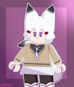 1girl animal_ears artist_name brown_sweater chenki_(chenki) commentary english_commentary fox_ears fox_girl fox_tail highres lego lego_minifig looking_at_viewer necktie phase_connect purple_eyes short_hair signature solo sweater tail tenma_maemi virtual_youtuber white_hair