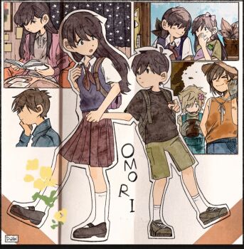 &gt;_&lt; 2girls 4boys aged_down alternate_costume antenna_hair aubrey_(faraway)_(omori) aubrey_(omori) basil_(faraway)_(omori) basil_(omori) big_yellow_cat_(omori) black_eyes black_hair black_shirt black_shoes black_sweater_vest blonde_hair blue_eyes blue_jacket blue_overalls bow brother_and_sister brothers brown_hair brown_pants brown_shirt calendar_(object) cardigan closed_eyes closed_mouth collared_shirt copyright_name dabi000 dark-skinned_male dark_skin double-parted_bangs flower flower_pot gloves grey_gloves grey_shirt hair_bow hair_flower hair_ornament hairclip hat hero_(faraway)_(omori) hero_(omori) highres holding holding_flower_pot holding_stuffed_toy indoors jacket kel_(faraway)_(omori) kel_(omori) long_hair long_sleeves looking_at_another lower_teeth_only mari_(faraway)_(omori) mari_(omori) mr._plantegg_(omori) multiple_boys multiple_girls omori open_cardigan open_clothes open_mouth orange_tank_top overalls pants parted_lips pink_bow pink_cardigan plant pleated_skirt potted_plant red_skirt shirt shoes short_hair short_sleeves siblings sitting skirt socks stuffed_eggplant stuffed_toy sun_hat sunny_(omori) sweater_vest t-shirt tank_top teeth white_shirt white_socks