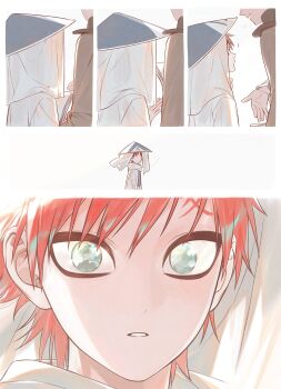 3boys ? aqua_eyes black_eyeliner commentary eye_reflection eyeliner gaara_(naruto) grey_shirt hair_between_eyes highres makeup male_focus multiple_boys naruto_(series) no_eyebrows parted_lips red_hair reflection scar scar_on_face scar_on_forehead shirt short_hair symbol-only_commentary uzumaki_naruto veil white_background wide_brim xxny_iixx