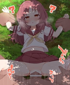 1girl 3boys arm_grab arms_up assisted_rape bar_censor blood breath censored clothes_lift dark-skinned_male dark_skin defloration dot_nose empty_eyes expressionless eyebrows eyelashes feet_out_of_frame gang_rape grass half-closed_eyes hetero interracial leg_grab loli long_hair looking_at_viewer lying mie_ai mind_break multiple_boys neckerchief nikku_(ra) on_back on_grass open_mouth outdoors panties panties_around_leg pink_panties pov pov_crotch pov_hands rape red_eyes red_hair red_sailor_collar red_skirt sailor_collar school_uniform serafuku sex shirt short_sleeves skirt skirt_lift solo_focus spread_legs sukinako_ga_megane_wo_wasureta underwear vaginal white_shirt wide_spread_legs yellow_neckerchief
