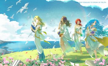 Rule 34 | 210 (reverse:1999), 2boys, 2girls, 37 (reverse:1999), 6 (reverse:1999), :o, absurdres, ancient greek clothes, bare legs, barefoot, bird, blonde hair, blue eyes, blue sky, book, brown hair, brown sandals, cloud, cloudy sky, commentary request, day, english text, floating hair, flower, food-themed hair ornament, grape hair ornament, grass, greco-roman clothes, green eyes, hair ornament, highres, himation, holding, holding book, holding quill, holding scroll, long hair, looking at another, looking to the side, looking up, metal 0521, multiple boys, multiple girls, ocean, outdoors, pink flower, profile, quill, red hair, reverse:1999, sandals, scroll, sky, smile, sophia (reverse:1999), standing, standing on one leg, toga, too many, too many birds, white bird