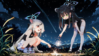 2girls animal_ear_fluff animal_ears black_dress black_hair blue_archive blue_halo blush china_dress chinese_clothes clothing_cutout diamond_cutout dress extra_ears fireworks green_eyes grey_hair halo holding holding_fireworks kokona_(blue_archive) long_hair multicolored_hair multiple_girls mutsuse night night_sky open_mouth outdoors red_eyes senkou_hanabi short_sleeves shun_(blue_archive) shun_(small)_(blue_archive) siblings sky smile sparkler squatting star_(sky) streaked_hair striped_clothes striped_dress thighhighs tiger_ears tiger_girl twintails vertical-striped_clothes vertical-striped_dress very_long_hair white_thighhighs