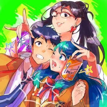 ! !! 1boy 2girls aoi_itsuki black_eyes black_hair blue_eyes blue_hair can earrings fire_emblem glasses hachimaru_(ediciusa) heart heart_earrings holding holding_can jewelry long_hair long_sleeves looking_at_another mole mole_under_eye multiple_girls nintendo one_eye_closed open_mouth oribe_tsubasa shimazaki_maiko short_hair sweatdrop teeth tokyo_mirage_sessions_fe upper_body