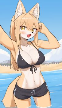 1girl animal_ears beach bikini bikini_top_only black_bikini black_shorts blonde_hair blush breasts fang fox_ears fox_girl fox_tail furry furry_female highres jeifier_(character) jeifier_(korfiorano01) large_breasts long_hair multicolored_fur navel ocean open_mouth original selfie shorts solo stomach swimsuit tail yellow_eyes yellow_fur