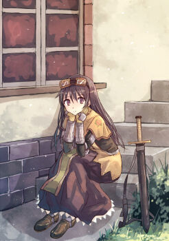 1girl brick_wall brown_capelet brown_dress brown_eyes brown_hair capelet closed_mouth commentary_request dated_commentary day dress expressionless floral_print frilled_dress frills full_body gauntlets goggles goggles_on_head grass hair_between_eyes hands_on_own_cheeks hands_on_own_face leaning_forward long_dress long_hair looking_at_viewer outdoors ragnarok_online rose_print scabbard sheath sitting sitting_on_stairs solo stairs sword swordsman_(ragnarok_online) weapon window yakka