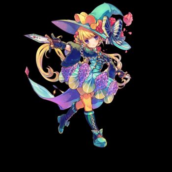 1girl ascot black_ascot black_background blonde_hair blue_eyes boots bow breasts closed_mouth dress dual_wielding full_body green_boots green_dress green_hat hair_ornament hat hat_bow head_tilt highres holding holding_knife knee_boots knife large_hat low_twintails medium_breasts merc_storia merc_storia_art_team official_art outstretched_arm short_dress simple_background solo standing striped_bow sylvaria_(merc_storia) tachi-e thighhighs twintails witch witch_hat yellow_thighhighs